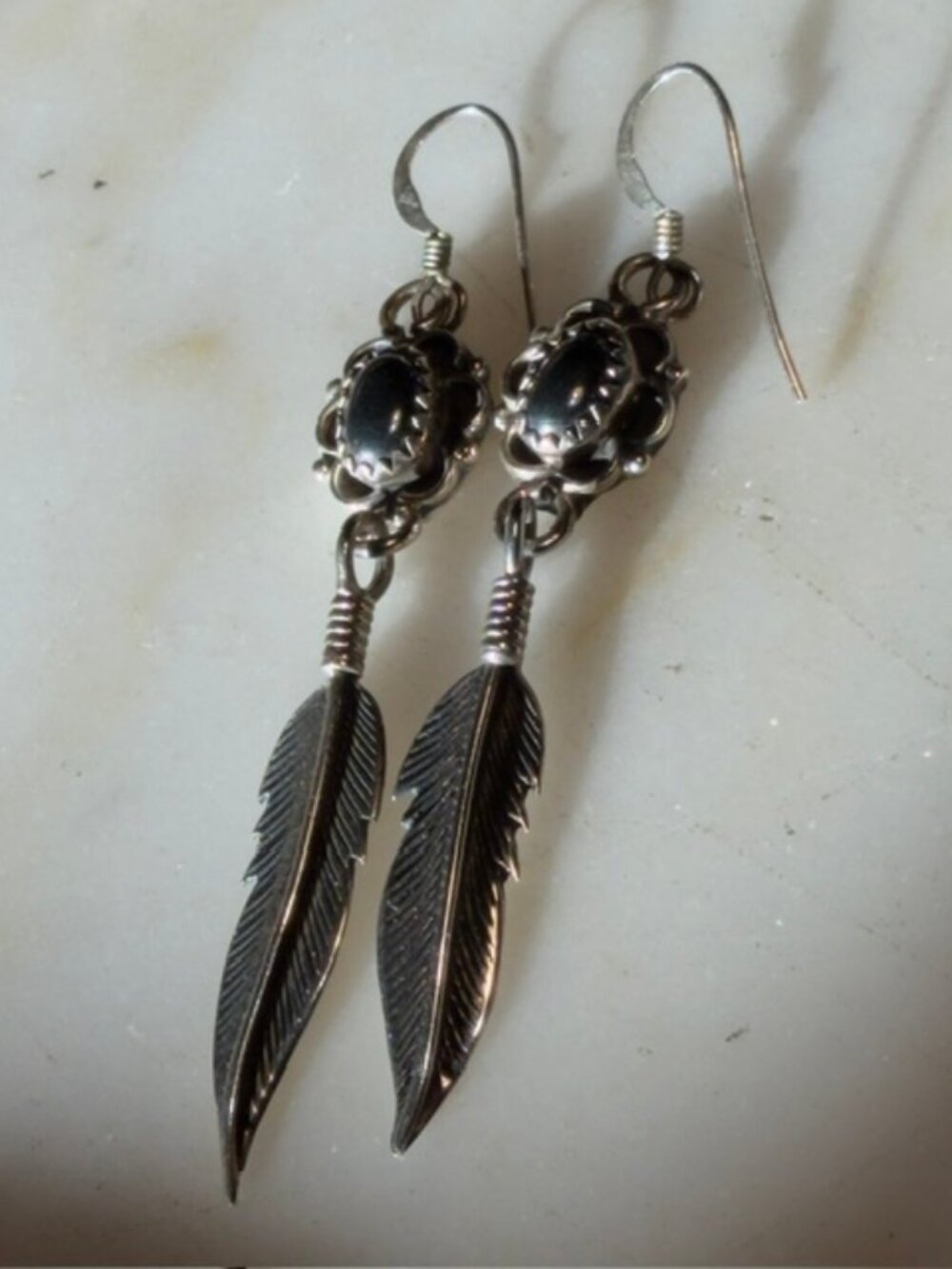 VINTAGE Navajo Sterling Silver Shadowbox Feather Earrings Signed AJ - Picture 1 of 11